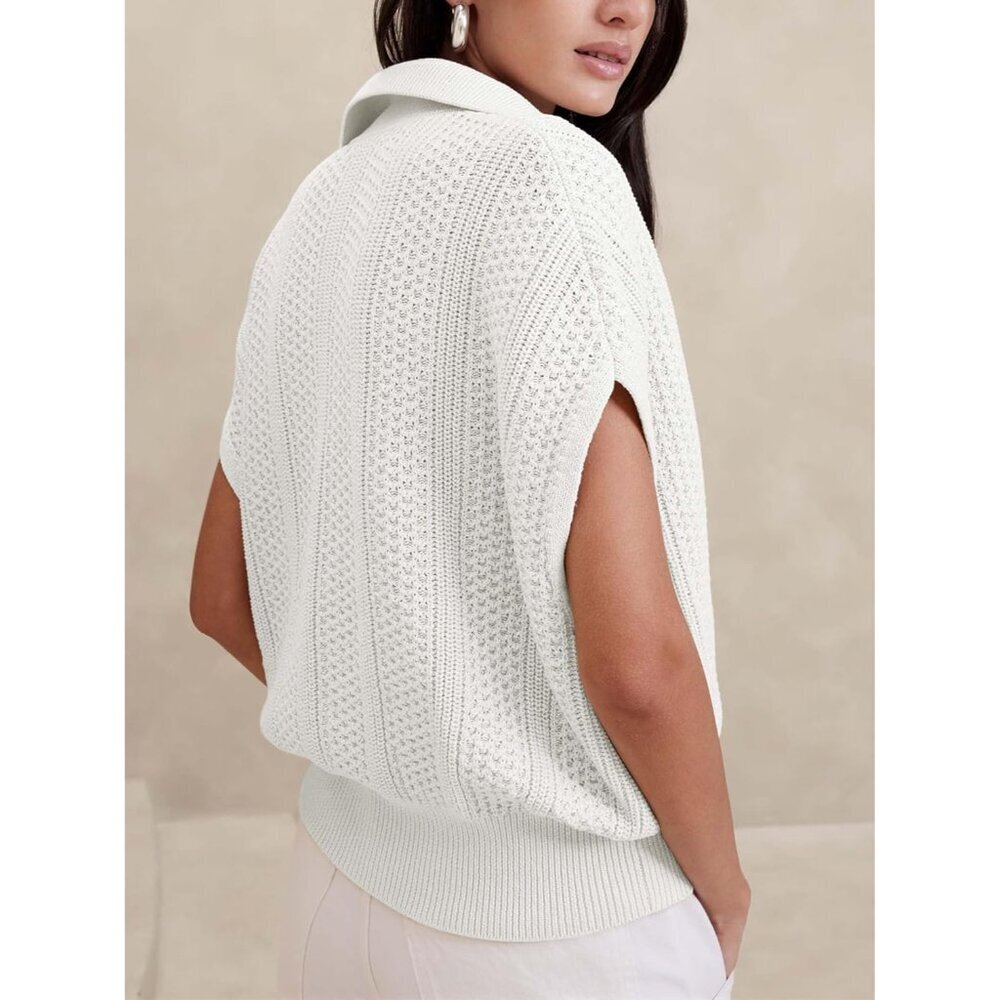 Crochet Top Womens Summer Short Sleeve V Neck Collared Sweater White M - Picture 2 of 2